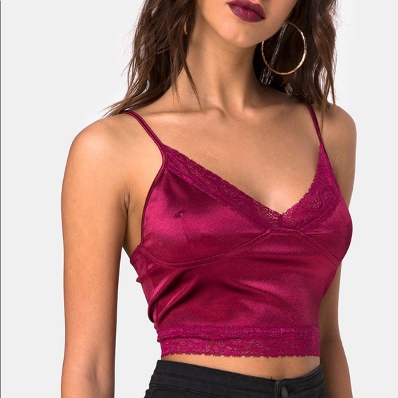 Motel Rocks Tops - MOTEL ROCKS satin burgundy lace crop top XS